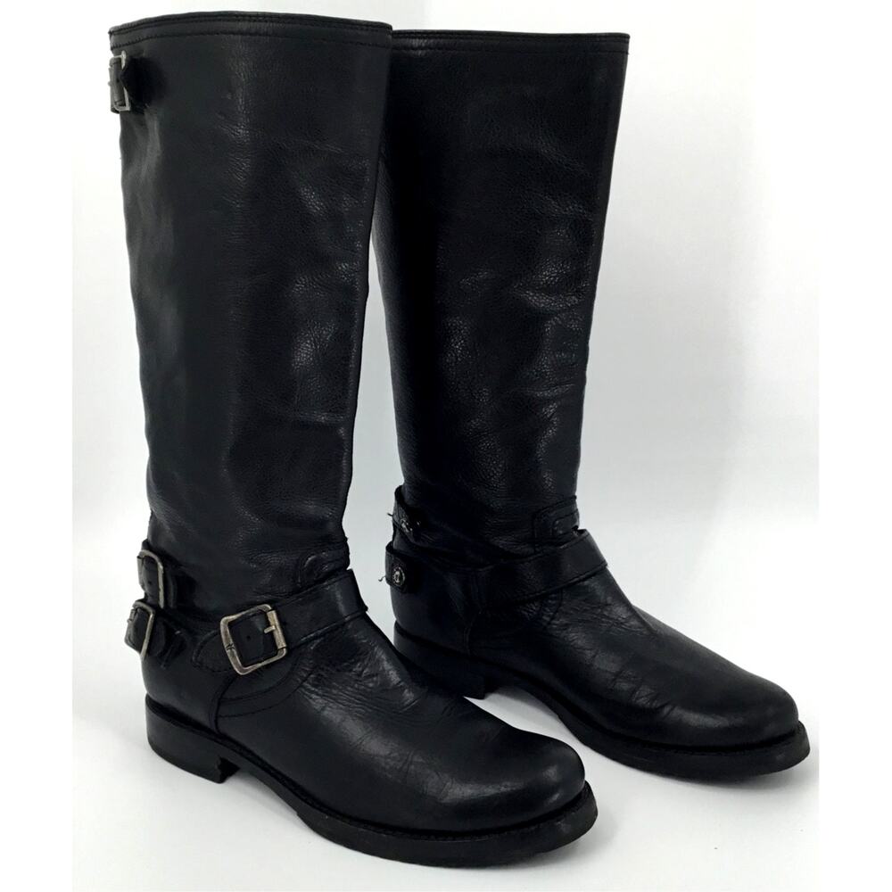 Frye Veronica Back Zip Harness Tall Leather Boots Black Women's 8.5B Moto